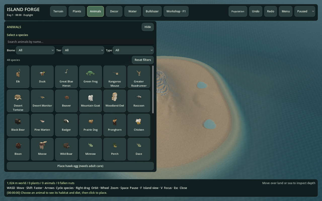 Later Island Forge animal catalog with species thumbnails, search, and biome, tier, and type filters