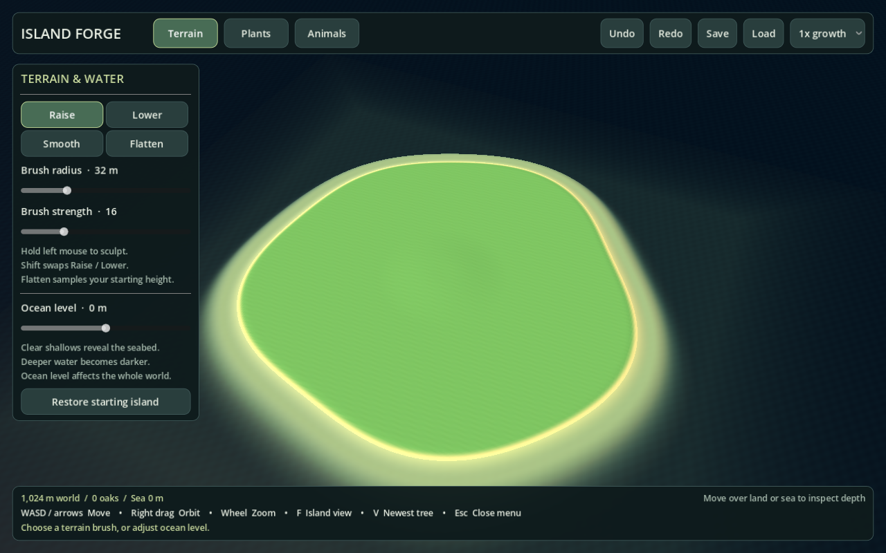 Early Island Forge preview showing a green island surrounded by ocean and a terrain-editing panel
