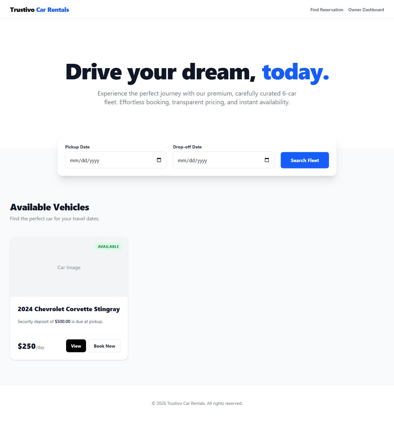 Full Trustivo public homepage showing the date-search form, a vehicle listing, and reservation and owner-dashboard links