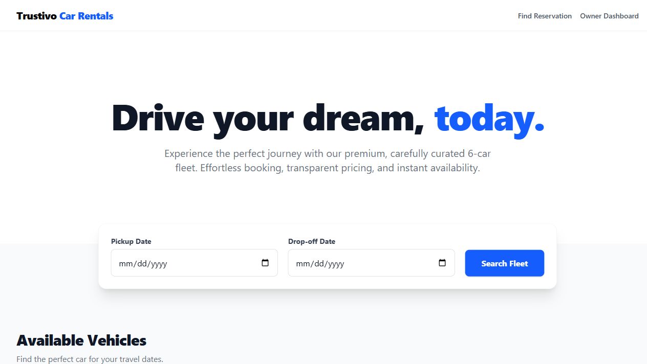 Trustivo Car Rentals homepage with a blue-accented introduction and pickup and drop-off date search